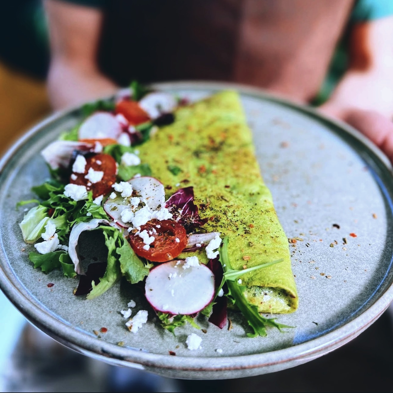 Fresh eggs, spinach, feta cheese, radishes, spices
